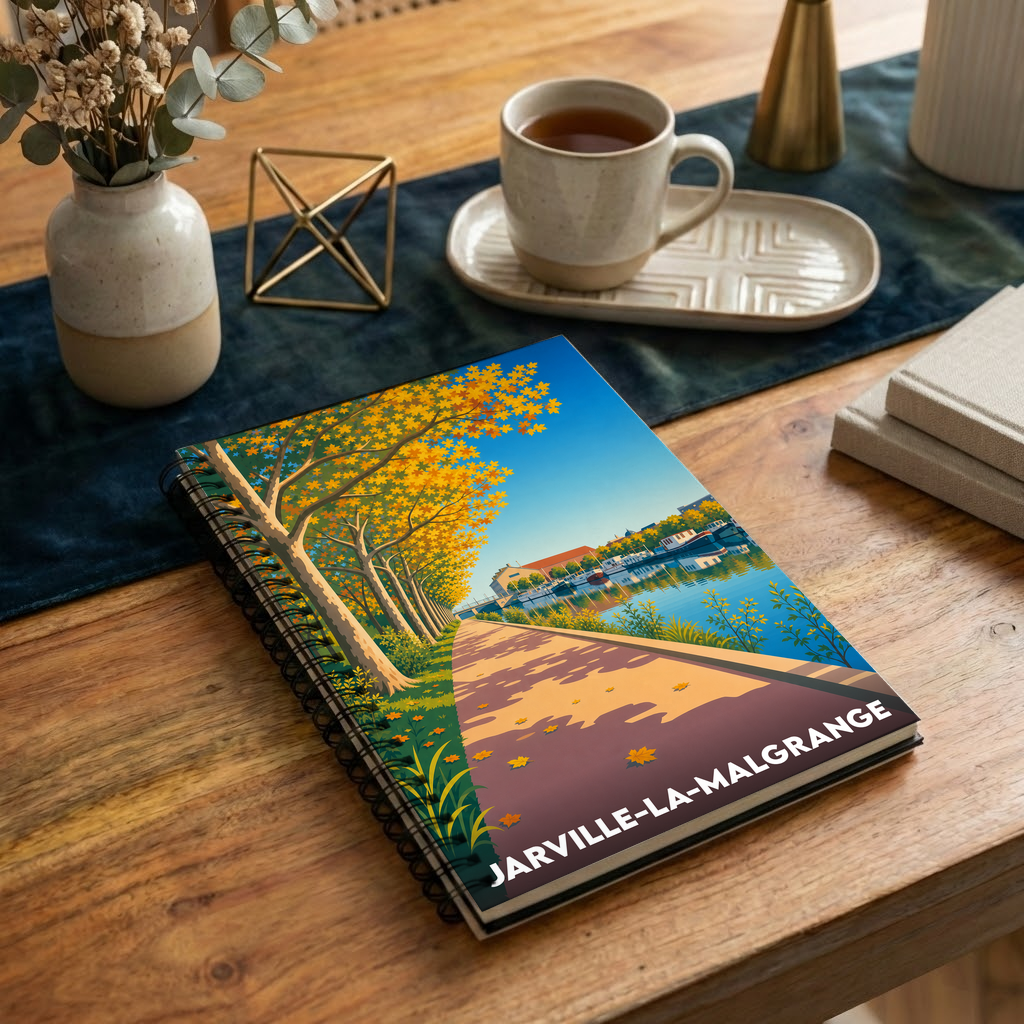 Carnet de notes à spirales avec une illustration automnale stylisée de Jarville-la-Malgrange.
