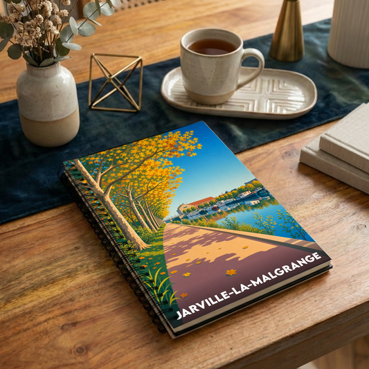 Carnet de notes à spirales avec une illustration automnale stylisée de Jarville-la-Malgrange.