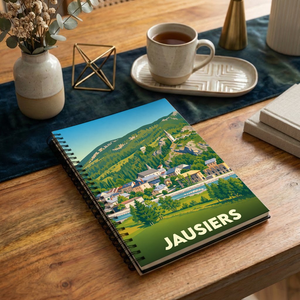 Carnet à spirale souvenir de la ville de Jausiers avec une illustration stylisée de son paysage montagneux.