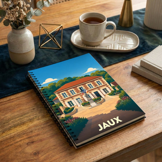 Carnet souvenir de la ville de Jaux avec une illustration stylisée de sa mairie.