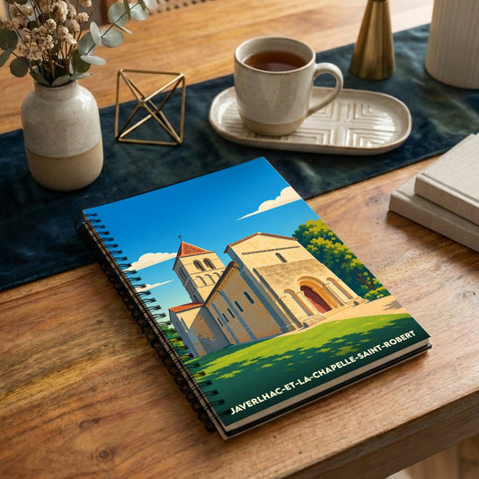 Carnet souvenir de Javerlhac-et-la-Chapelle-Saint-Robert illustré d'un dessin stylisé de son église.