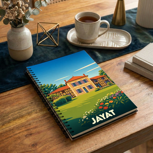 Carnet souvenir de la ville de Jayat avec une illustration stylisée.