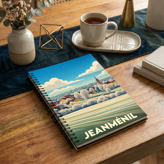 Carnet à spirales souvenir de la ville de Jeanménil avec une illustration paysagère stylisée.