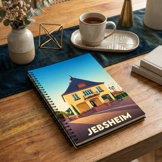 Carnet souvenir de la ville de Jebsheim orné d'une illustration stylisée de sa mairie.