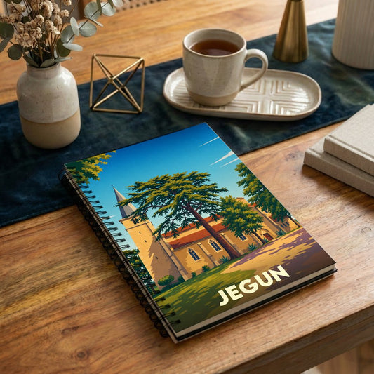 Carnet souvenir de la ville de Jegun avec une illustration stylisée de son église.