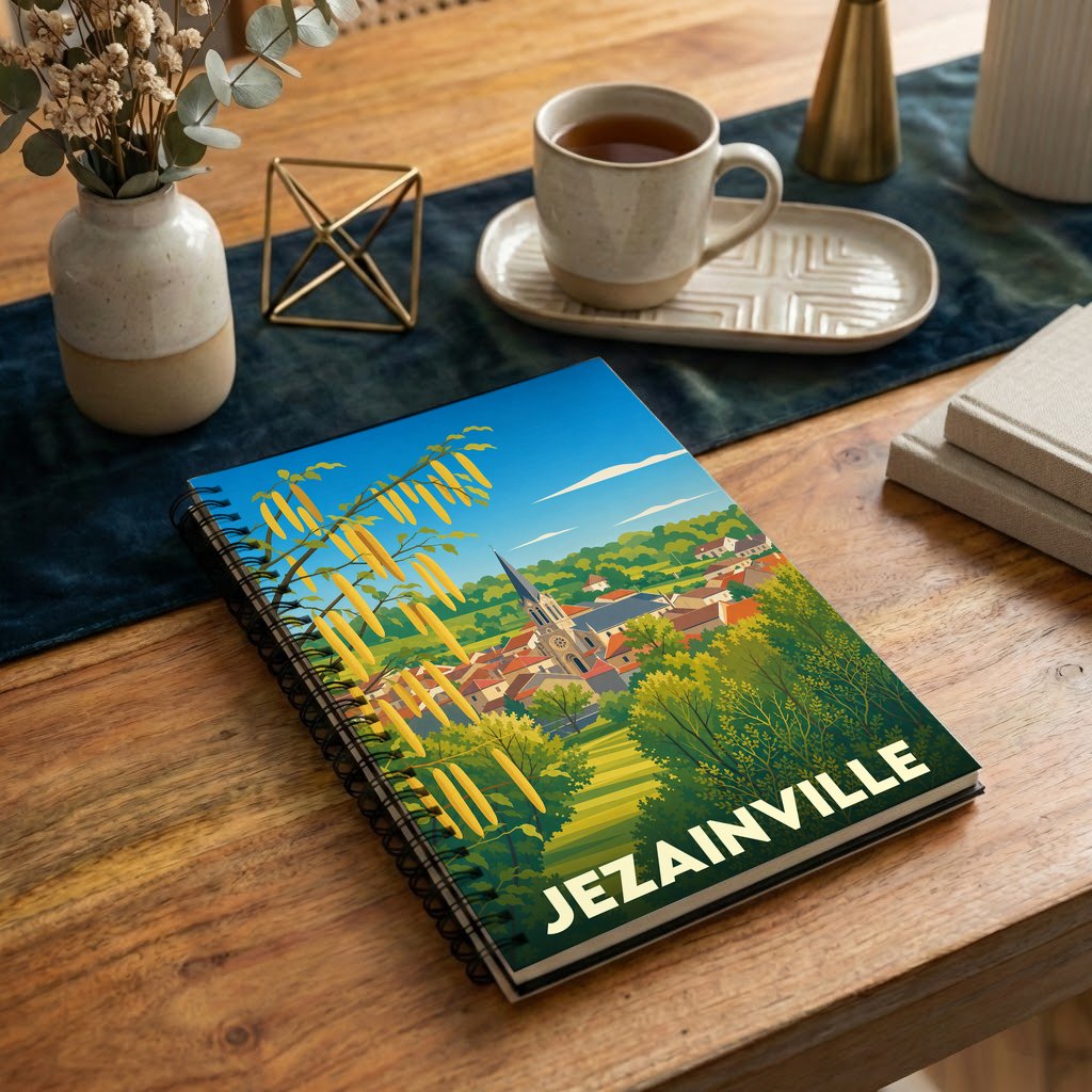 Carnet à spirales souvenir de la ville de Jezainville avec une illustration stylisée de son église et de ses paysages.