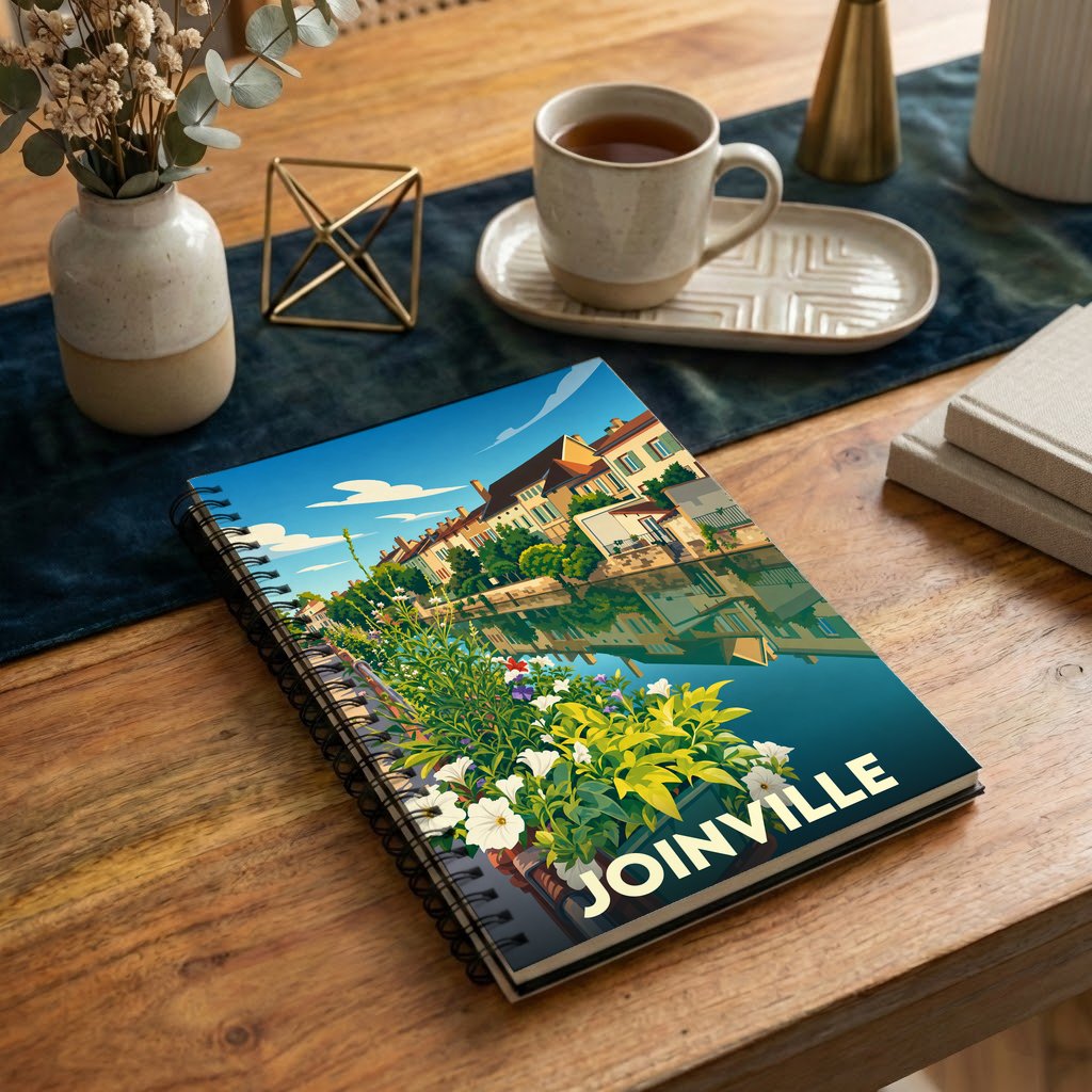 Carnet souvenir de la ville de Joinville avec une illustration stylisée et colorée de ses quais.