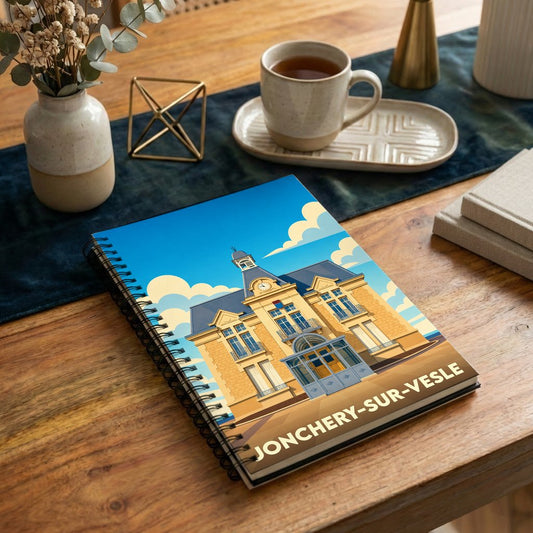 Carnet à spirales souvenir de la ville de Jonchery-sur-Vesle avec une illustration stylisée de son hôtel de ville.