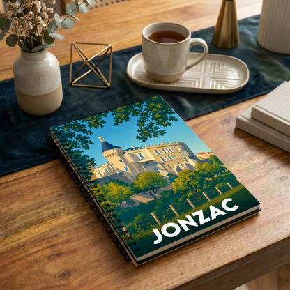 Carnet souvenir de la ville de Jonzac avec une illustration stylisée de son château.
