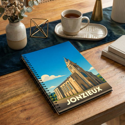 Carnet souvenir de la ville de Jonzieux avec une illustration stylisée de son église sous un ciel bleu.