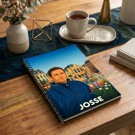 Carnet souvenir de la ville de Josse avec une illustration stylisée d'un homme devant une place ensoleillée.