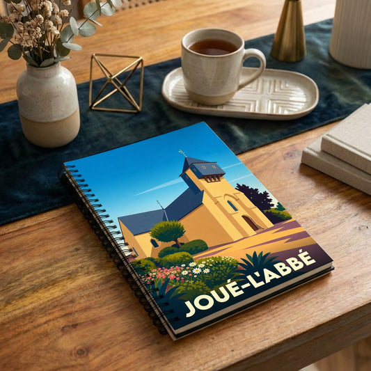 Carnet souvenir de la ville de Joué-l'Abbé avec une illustration stylisée de son église.