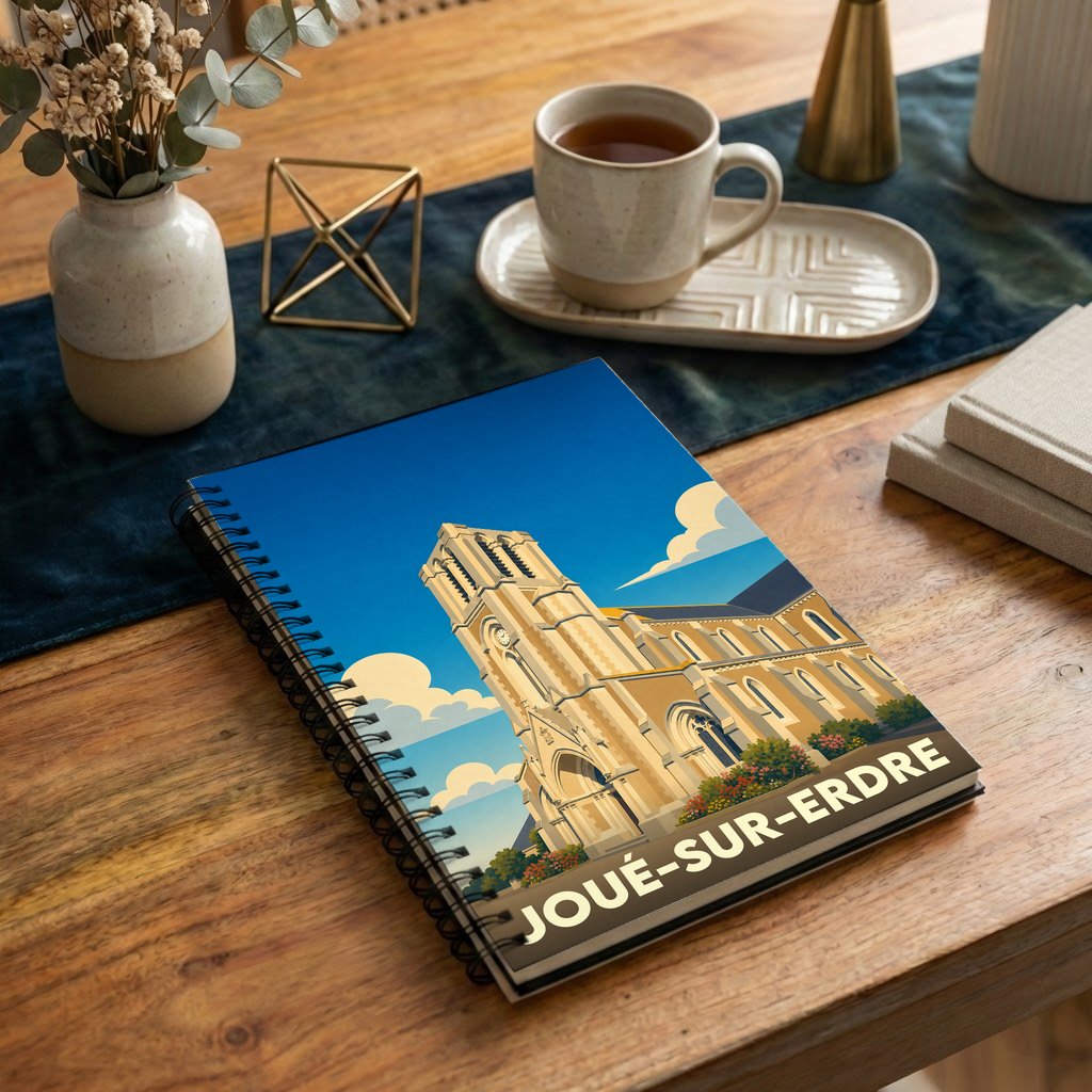 Carnet à spirales souvenir de la ville de Joué-sur-Erdre avec une illustration stylisée de son église.