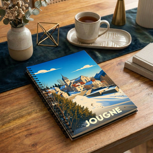 Carnet à spirales souvenir de la ville de Jougne avec une illustration hivernale stylisée.