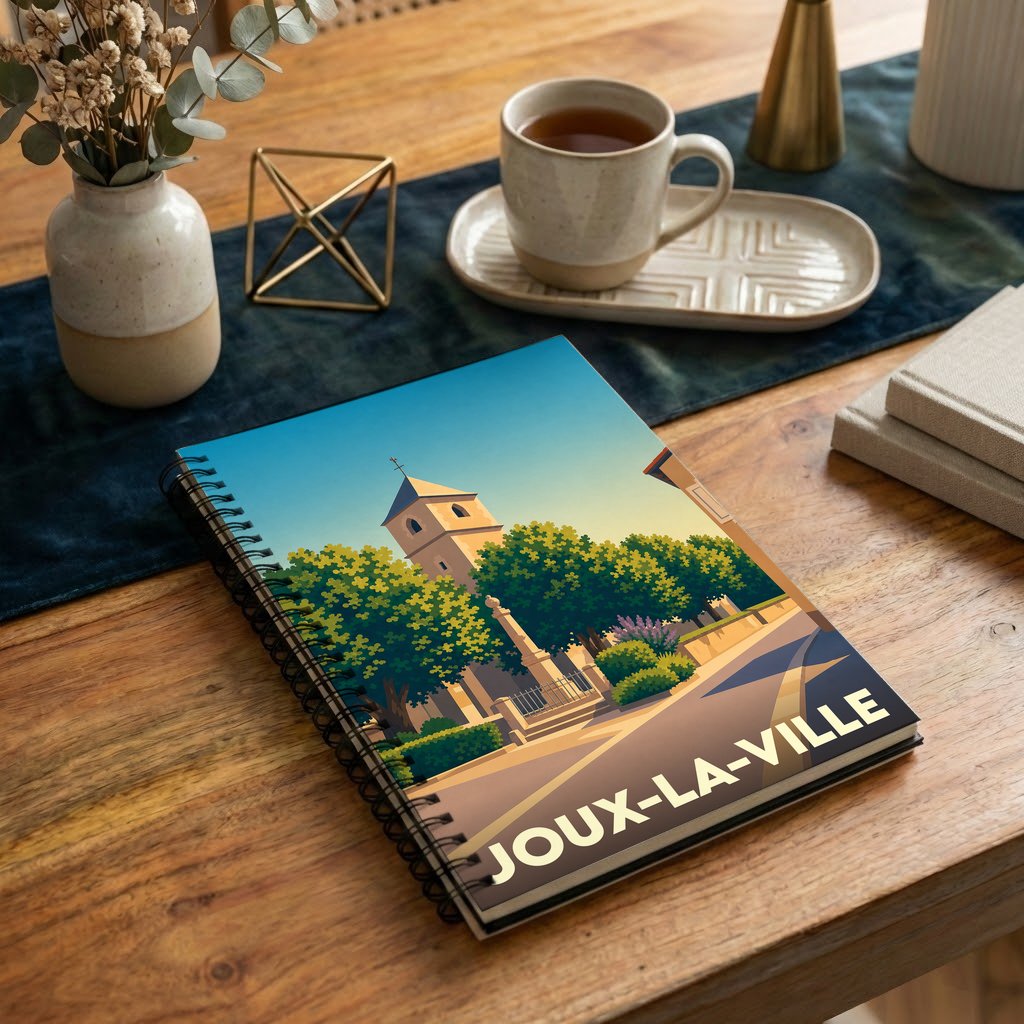 Carnet à spirales souvenir de Joux-la-Ville avec une illustration stylisée de son église et de sa place arborée.