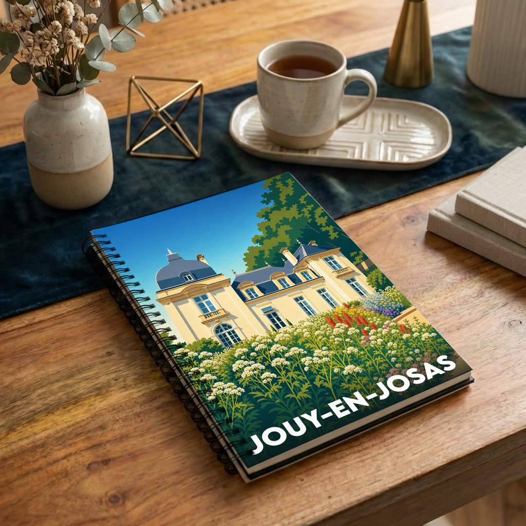 Carnet à spirales souvenir de la ville de Jouy-en-Josas illustré par une vue stylisée d'un château fleuri.