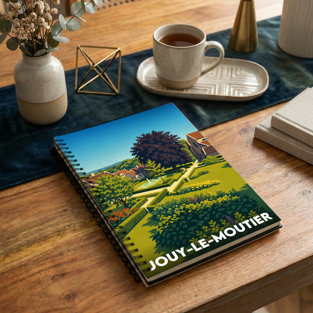 Carnet souvenir de la ville de Jouy-le-Moutier avec une illustration stylisée de ses paysages.