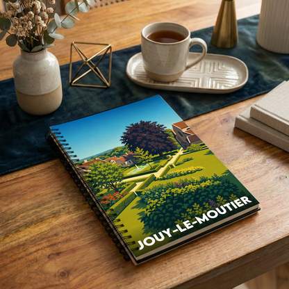 Carnet souvenir de la ville de Jouy-le-Moutier avec une illustration stylisée de ses paysages.