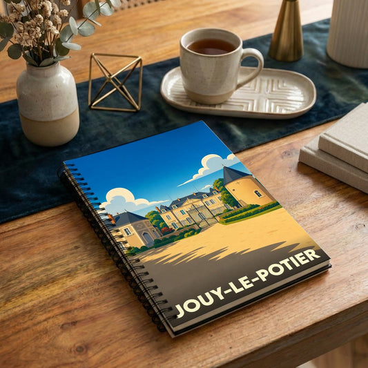 Carnet souvenir de la ville de Jouy-le-Potier avec une illustration stylisée de son château.