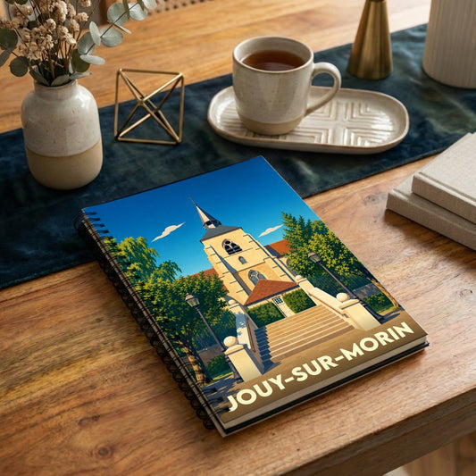 Carnet à spirales souvenir de la ville de Jouy-sur-Morin avec une illustration stylisée de son église.