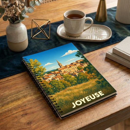 Carnet souvenir de la ville de Joyeuse avec une illustration stylisée de son village.
