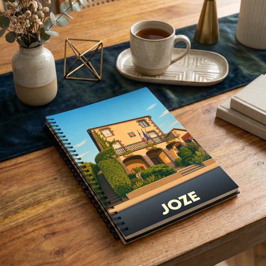 Carnet à spirales souvenir de la ville de Joze avec une illustration stylisée de sa mairie.
