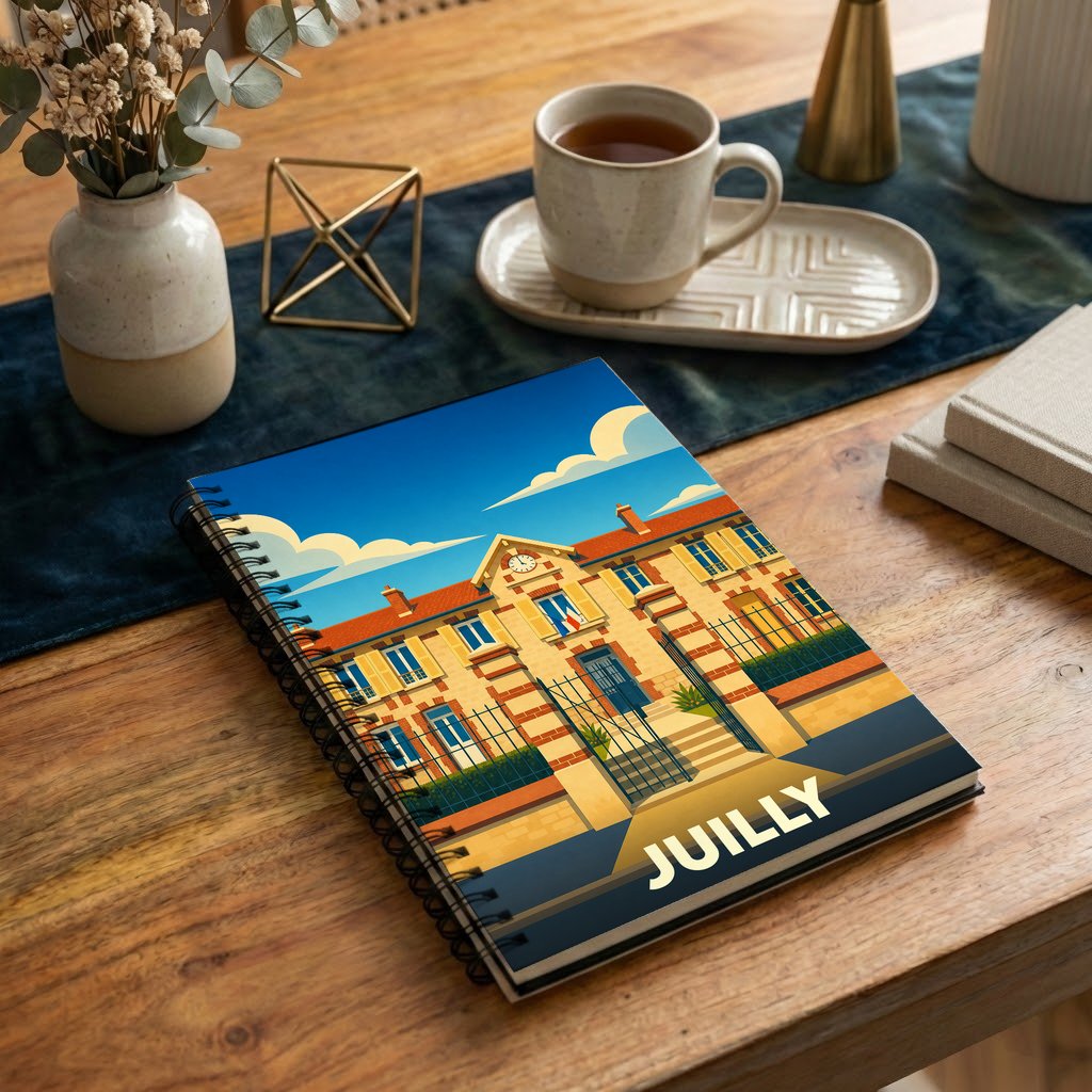 Carnet à spirale souvenir de la ville de Juilly orné d'une illustration stylisée de sa mairie.