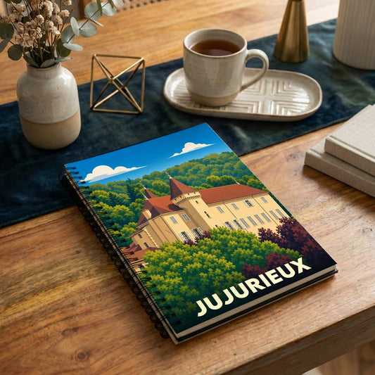Carnet souvenir de la ville de Jujurieux avec une illustration stylisée d'un château.