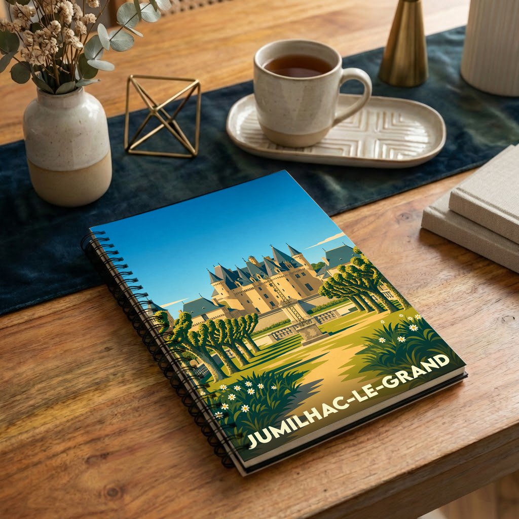 Carnet à spirales souvenir de la ville de Jumilhac-le-Grand avec une illustration stylisée de son château.