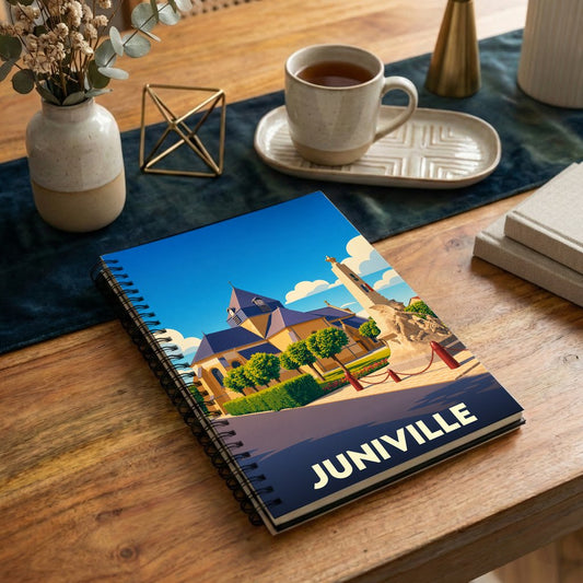 Carnet à spirale souvenir de la ville de Juniville avec une illustration stylisée de son église et de son monument.