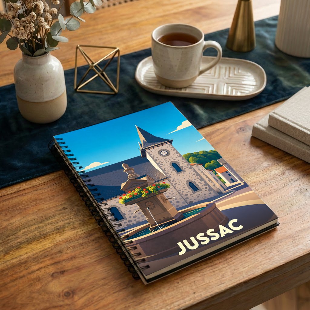 Carnet à spirales souvenir de la ville de Jussac avec une illustration stylisée d'une place historique.
