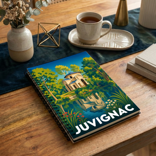 Carnet souvenir de la ville de Juvignac avec une illustration stylisée.