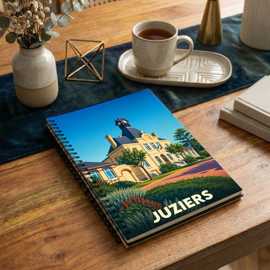 Carnet à spirales souvenir de la ville de Juziers avec une illustration stylisée de sa mairie.