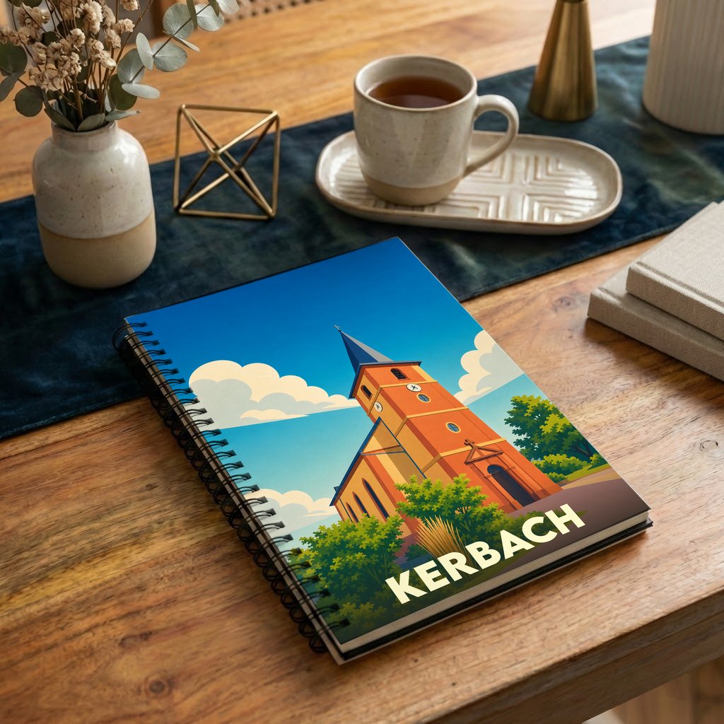 Carnet souvenir de la ville de Kerbach avec une illustration stylisée de son église sous un ciel bleu.