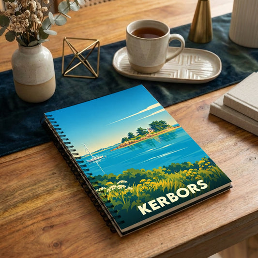 Carnet souvenir de la ville de Kerbors avec une illustration stylisée d'un paysage côtier.