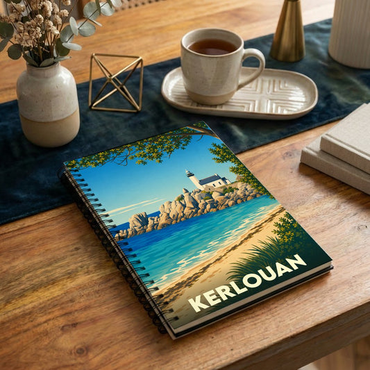 Carnet souvenir de la ville de Kerlouan avec une illustration stylisée de son littoral et de son phare.