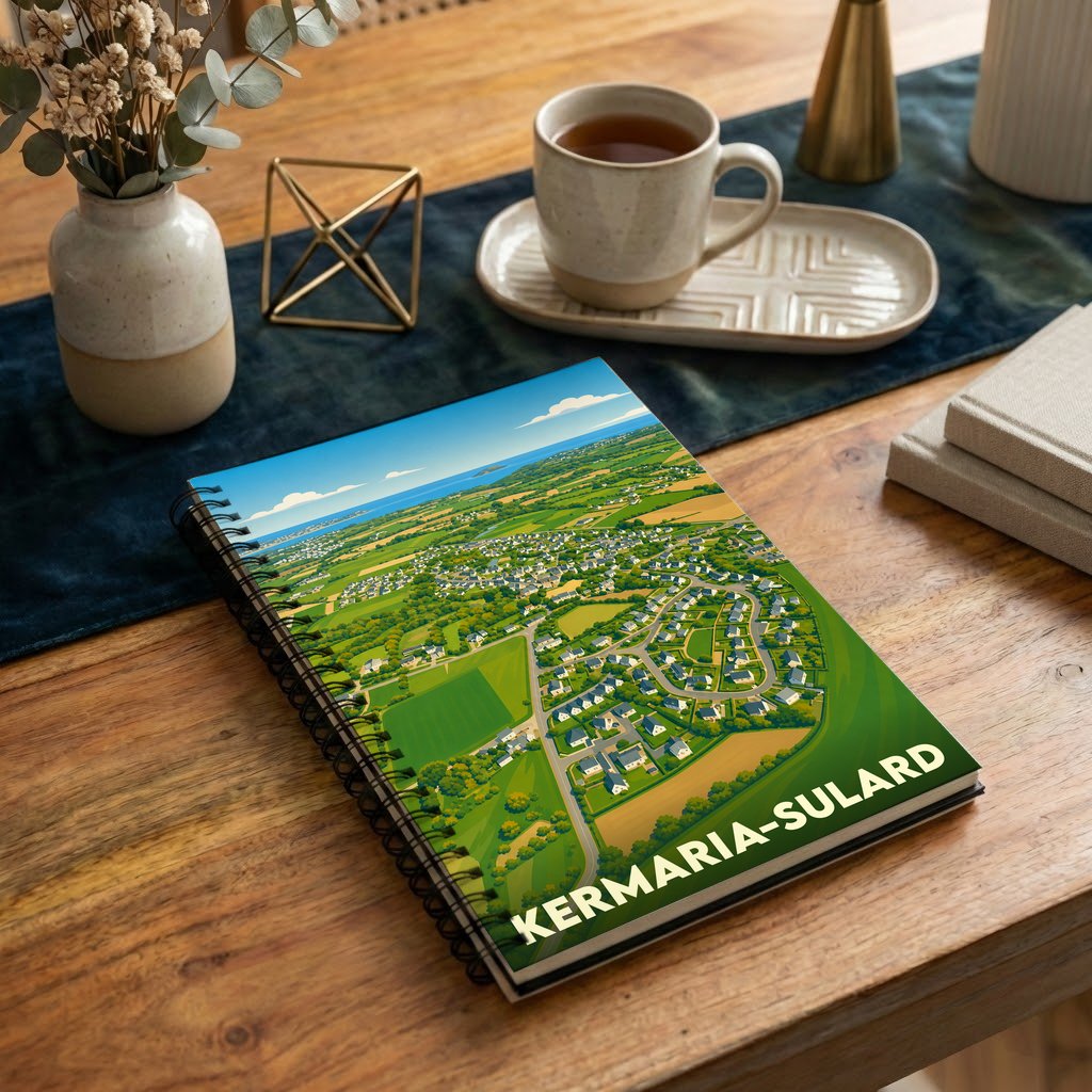 Carnet à spirales souvenir de la ville de Kermaria-Sulard avec une illustration aérienne stylisée.