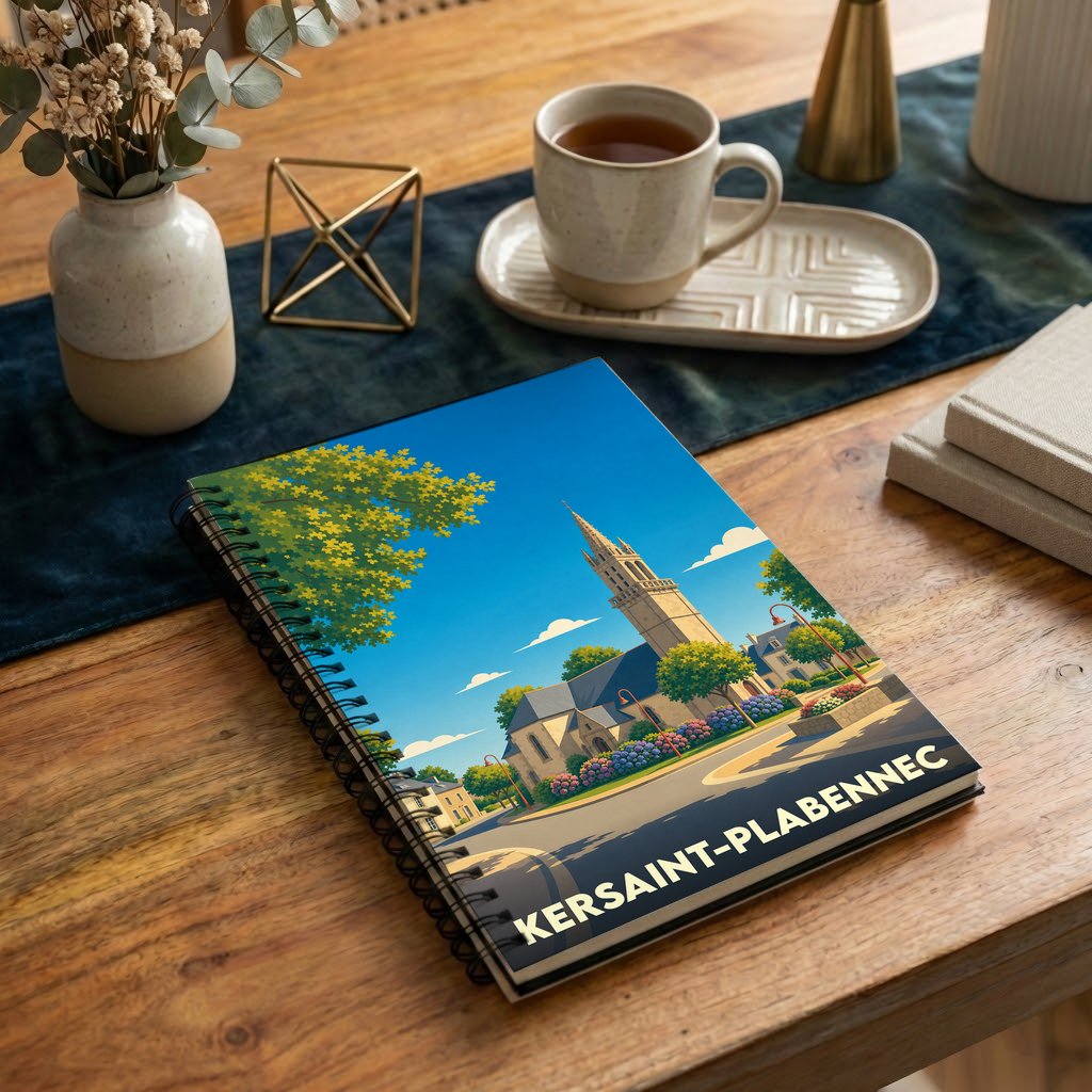Carnet à spirales souvenir de la ville de Kersaint-Plabennec avec une illustration stylisée de son église.