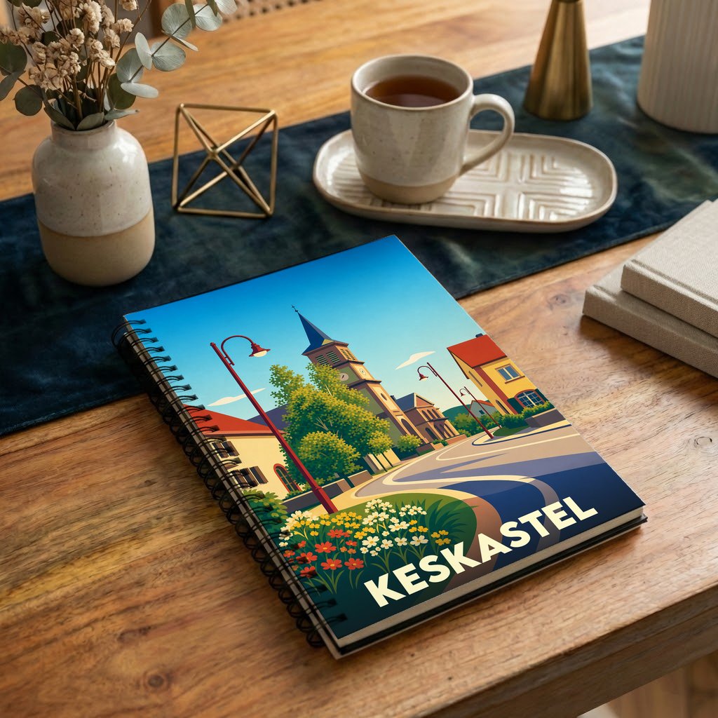 Carnet souvenir de la ville de Keskastel avec une illustration stylisée et colorée de ses rues.