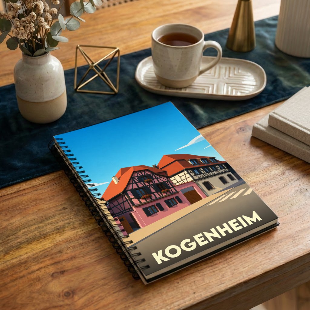Carnet souvenir de la ville de Kogenheim avec une illustration stylisée de maisons à colombages.