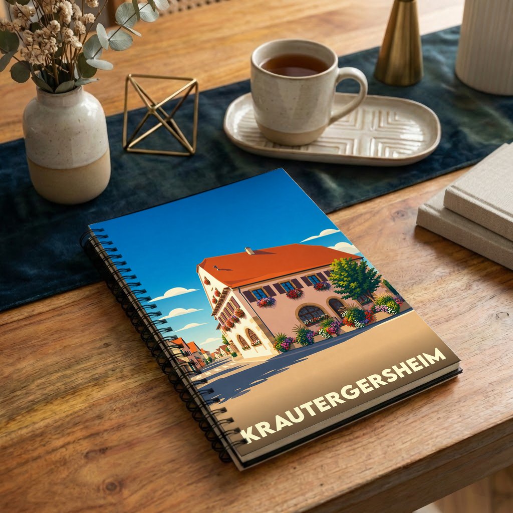 Carnet de notes à spirales souvenir de la ville de Krautergersheim avec une illustration stylisée d'une maison traditionnelle alsacienne.