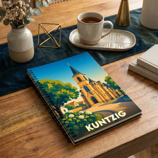 Carnet à spirales souvenir de la ville de Kuntzig avec une illustration stylisée de son église.
