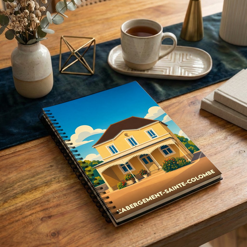 Carnet souvenir de la ville de L'Abergement-Sainte-Colombe avec une illustration stylisée d'une maison traditionnelle.