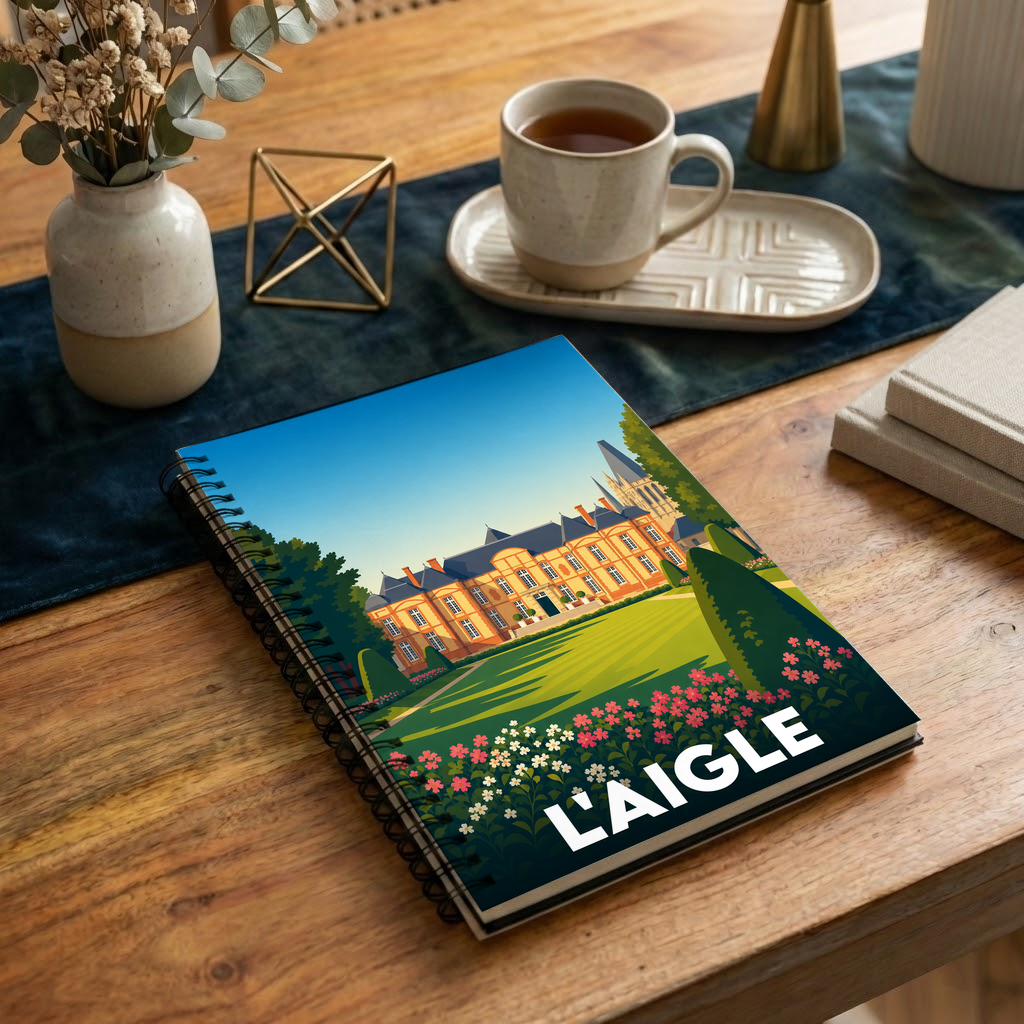 Carnet à spirales souvenir de la ville de L'Aigle avec une illustration stylisée de son château.