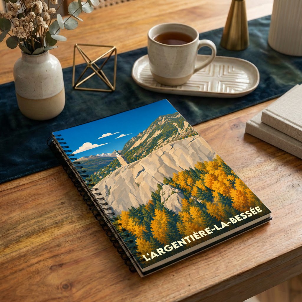 Carnet à spirales souvenir de la ville de L'Argentière-la-Bessée avec une illustration stylisée de montagne en automne.