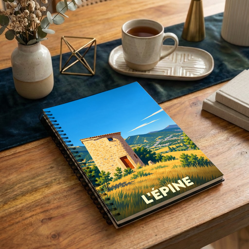 Carnet souvenir de la ville de L'Épine avec une illustration stylisée d'un bâtiment en pierre dans un paysage provençal.
