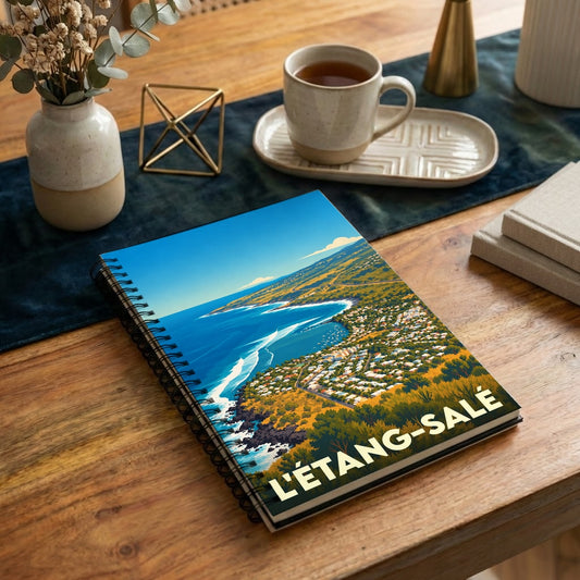 Carnet à spirales souvenir de la ville de L'Étang-Salé avec une illustration stylisée de son littoral.