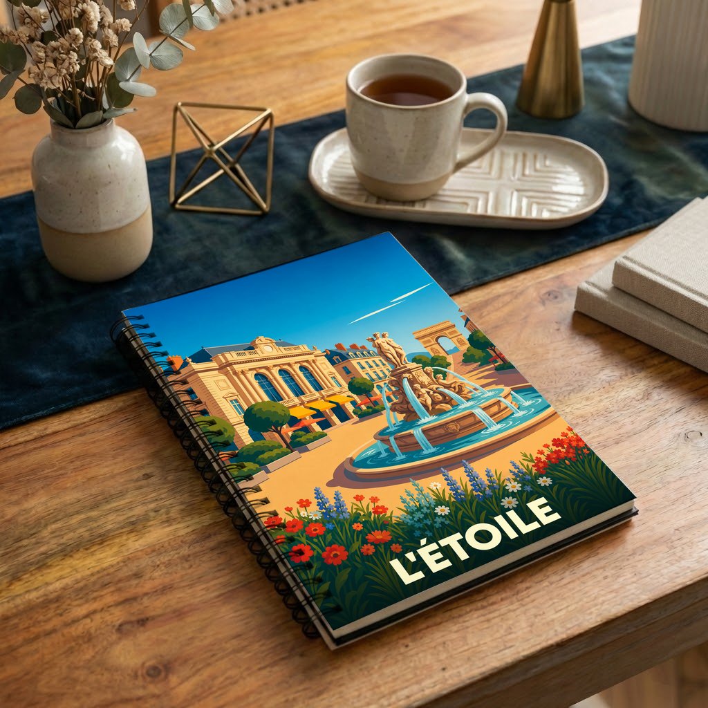 Carnet souvenir de la ville de L'Étoile avec une illustration colorée et stylisée de sa place principale.