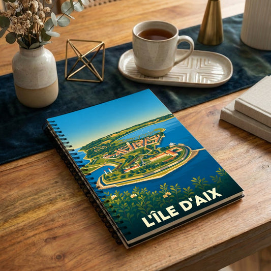 Carnet à spirales souvenir de L'Île d'Aix avec une illustration stylisée de l'île vue du ciel.