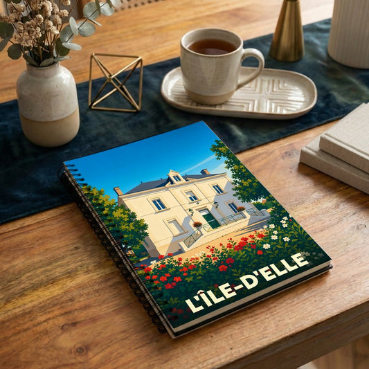 Carnet souvenir de la ville de L'Île-d'Elle avec une illustration stylisée d'une maison de maître fleurie.